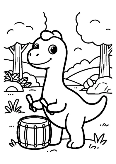 A friendly corythosaurus standing in a forest meadow next to a large drum.