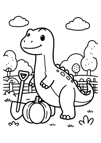 Un lurdusaurus souriant se tient à côté d'une grande citrouille dans un simple jardin préhistorique.