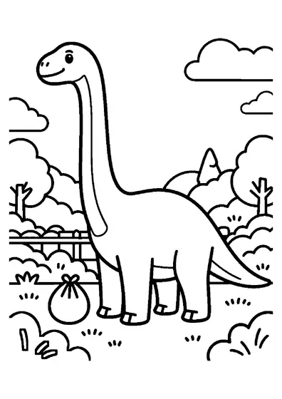 Tranquillo Magyarosaurus in piedi in un giardino accanto a un grande sacco aperto di semi.
