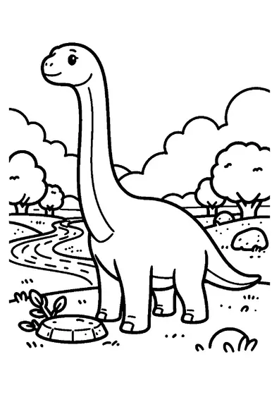 Ein langhalsiger Mamenchisaurus steht neben einem großen Zweig auf einer offenen Ebene am Fluss.