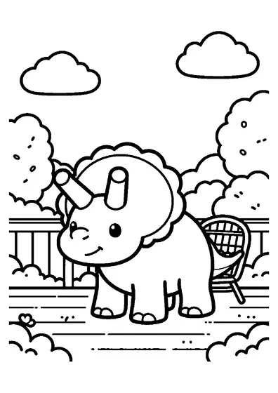 A young Medusaceratops resting next to a large wicker chair on a sunny porch.