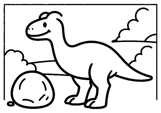 Oviraptor in vista laterale accanto a un ciottolo rotondo e liscio.