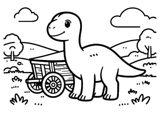 A young protoceratops standing beside a large wooden cart with wide wheels.