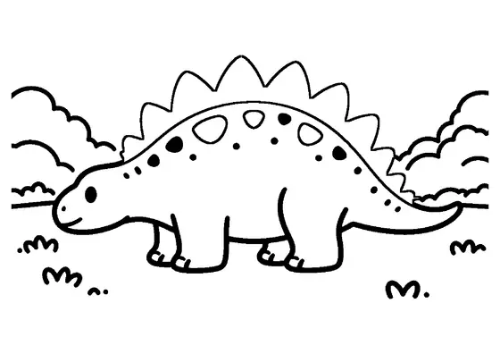 A stegosaurus with large back plates standing in side view and gently raising its tail.