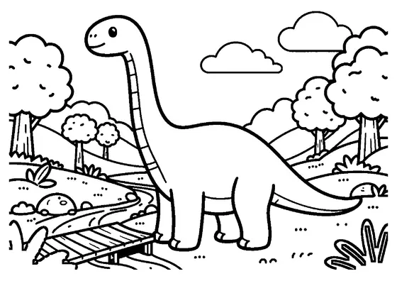 Un Supersaurus dal collo lungo si trova vicino a un largo ponte di legno su un ruscello.