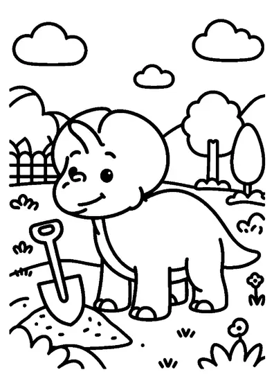 Un amichevole Zuniceratops si trova accanto a una grande pala e a un mucchio di terra.