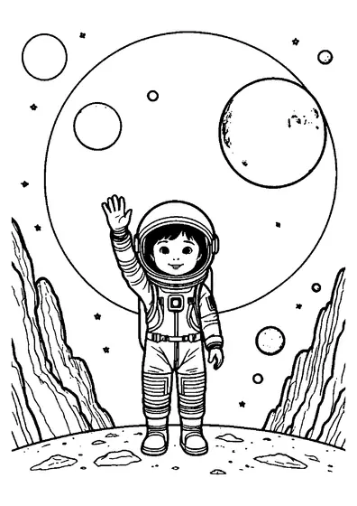 Uma astronauta num fato simples acena com a mão perto de uma pequena pedra lunar.