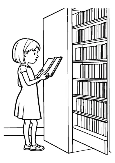 Uma jovem bibliotecária guarda um livro grande sem título numa prateleira simples.