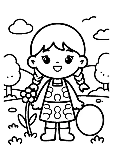 Uma menina está ao lado de uma flor alta sustentada por um anel de folha grande.