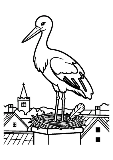 Une grande cigogne près de son nid sur une cheminée, avec les toits et le clocher de l’église à l’arrière-plan.