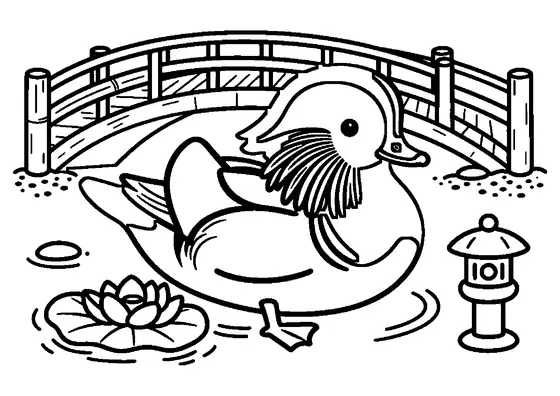 Un pato mandarín de vistoso plumaje nadando junto a un puente decorativo en el estanque de un jardín japonés.