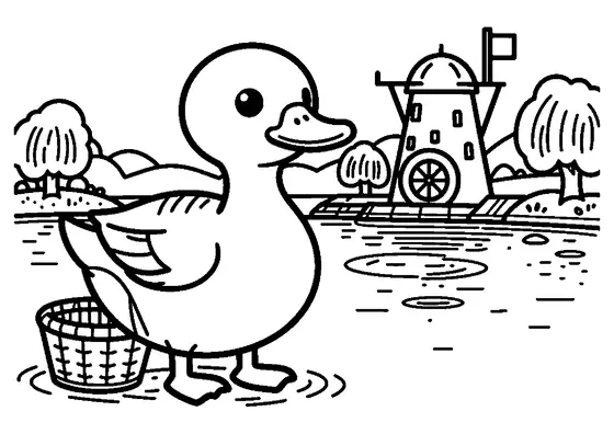 Un canard patauge près d’un panier et d’une passerelle, devant un moulin à eau bordé de saules.