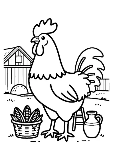 Un gallo de granja está sobre una escalera junto a una cesta de mazorcas, una jarra y un granero con una bala de heno.