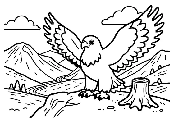 Un aigle se tient près d’un rocher et d’un tronc, sur une corniche rocheuse dominant une vallée de montagne.