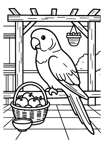 Pagina da colorare con un pappagallo rosella sul parapetto di un patio, accanto a un cesto di frutta in vimini e a un abbeveratoio.