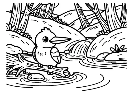 Un martin-pêcheur est perché près d’une racine et d’une pierre, au bord d’un ruisseau qui traverse la forêt.
