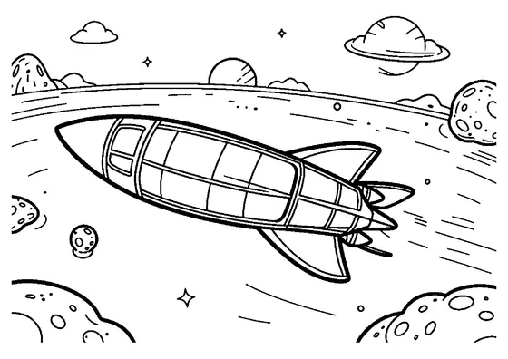 Eine Rakete fliegt zwischen großen, weit auseinanderliegenden Asteroiden und einfachen Sternen.