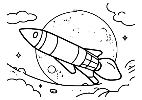 A rocket flying past a huge moon above craters and rocky moonscape.