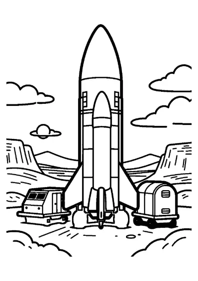A rocket standing next to a rover on the rolling plains of an alien planet.