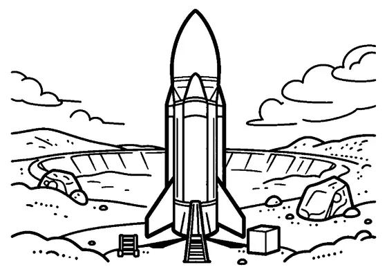 A rocket standing beside a wide, shallow crater surrounded by hills and rocks.