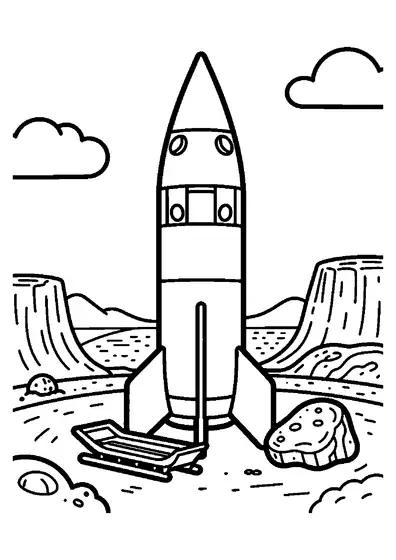 Une fusée se tient près d’un véhicule et d’un grand fossile sur une lune rocheuse.