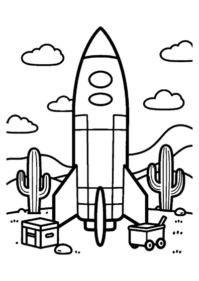 Une haute fusée se dresse près d’une caisse et d’un chariot, sur une plaine couverte de cactus géants.