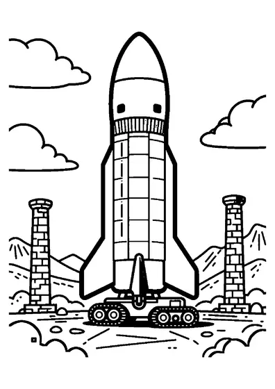 Eine schwere Rakete steht auf einem Plateau neben einem großen Transportfahrzeug, Felsen und fernen Bergen.