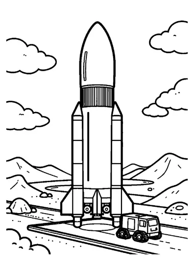 A rocket ship standing on a winter launch platform among snowdrifts and icy mountains.