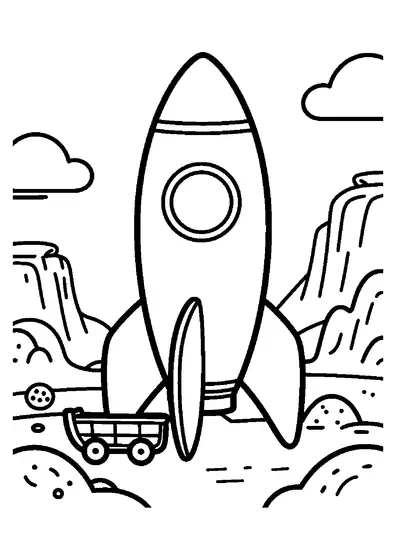 A rocket standing on a rocky island with porous boulders and gentle dust waves.