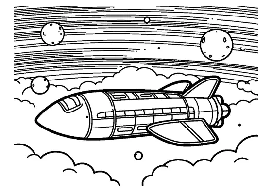 A rocket gliding above thick cloud bands near a space probe and a giant planet.