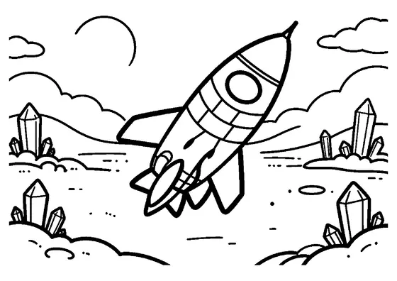 Eine Rakete fliegt über ein weites Tal mit großen Kristallen und an einer Versorgungskapsel vorbei.
