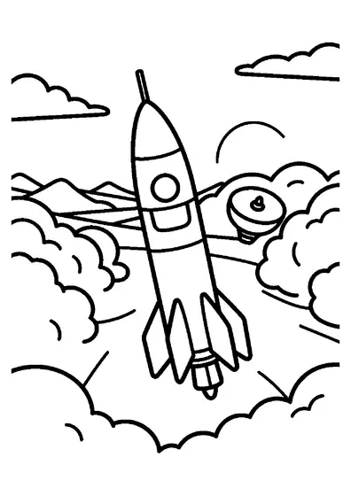 A sleek rocket flying past a space capsule over a deep rift in the cloud layer.