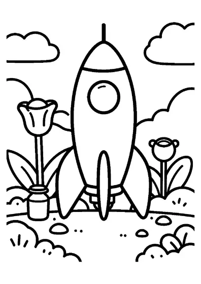 A spaceship hovering over giant leaves and flowers in an alien space garden.