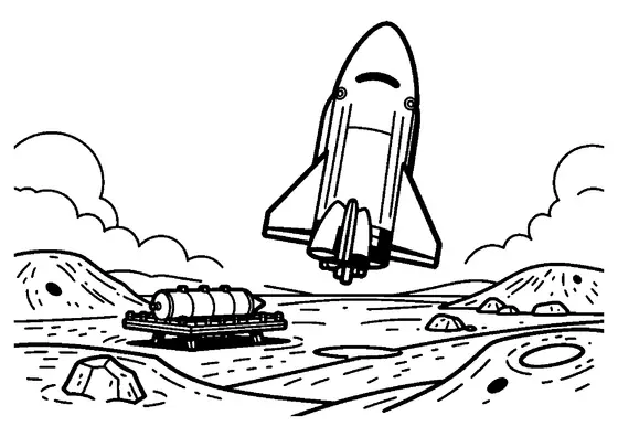 Une fusée flotte au-dessus du rivage d’une mer située dans un cratère, avec des vagues, des rochers et des collines.