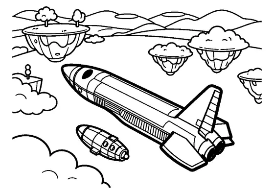 A winged rocket flying alongside a space capsule over huge floating islands.