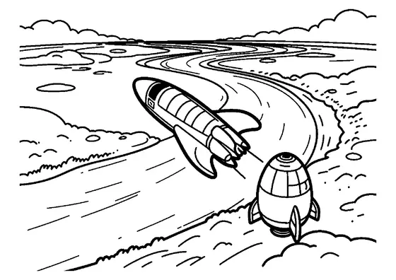 Une fusée survole un vaste delta, tandis qu’une grande capsule de mesure se trouve en contrebas.
