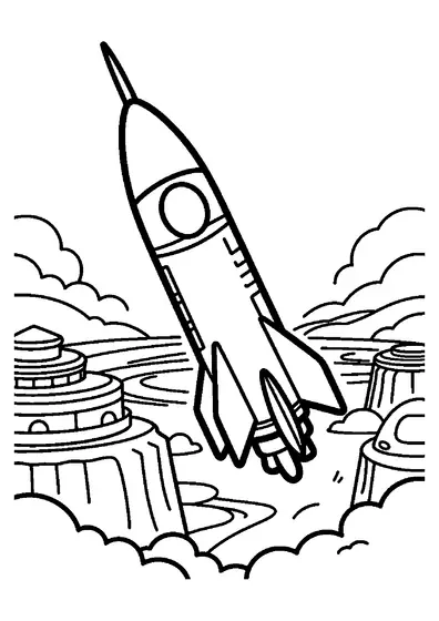 A rocket hovering with a capsule over massive rocky terraces and rolling hills.