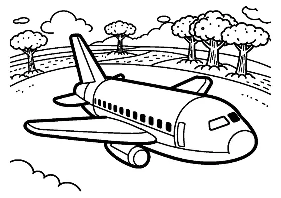 En passagerarraket flyger över en skog av träd med breda, fjäderlika kronor.