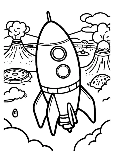 Eine Rakete fliegt über einen ruhigen Vulkanplaneten mit einem großen Krater, Felsen und Dampfwolken.