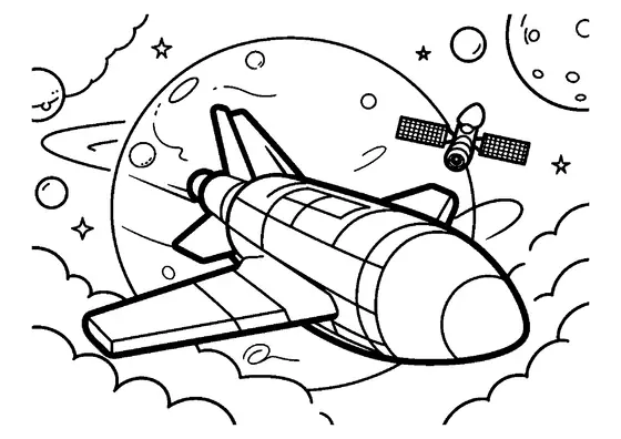 A large rocket flying diagonally past an unexplored blue planet and small moons.