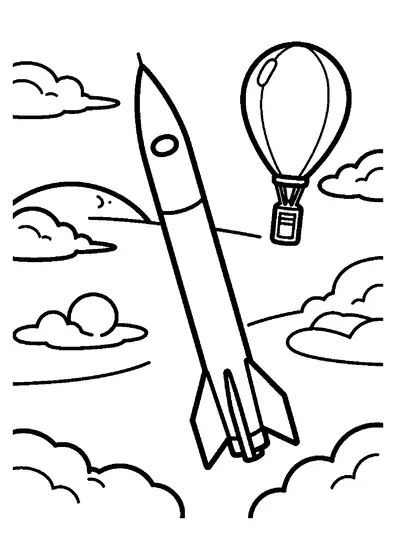 Une fusée plane au-dessus d’immenses nuages, près d’un ballon de recherche et d’une capsule.