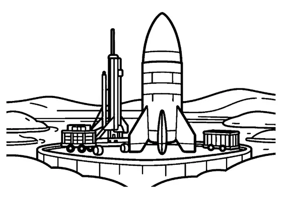 A rocket standing beside a large mining drill and crate against icy terraces.