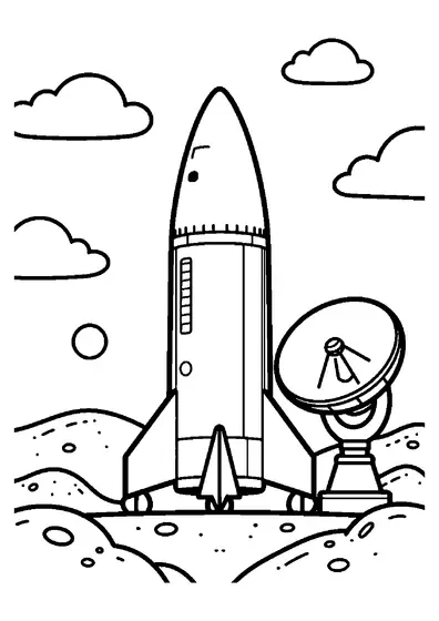 Eine hohe Rakete steht auf einem ruhigen Planeten neben einer großen Forschungskuppel und einer Antenne.