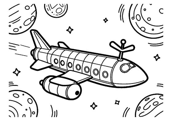 Eine lange Rakete fliegt neben einer großen Navigationsboje durch den Weltraum, umgeben von Planeten und breiten Nebelbändern.