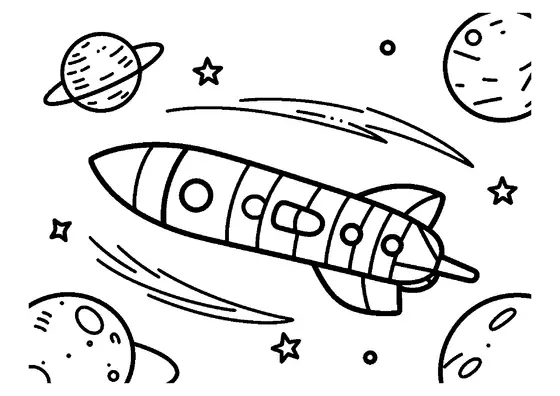 En raket flyger förbi en stor riktningsboj utan texter, mot en bakgrund av planeter och vågiga nebulosor.