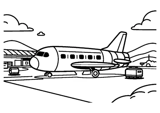 A winged rocket parked beside a boarding ramp and cart at a space terminal.