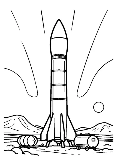 A research rocket parked beside supply sleds among snowdrifts and icy rocks.