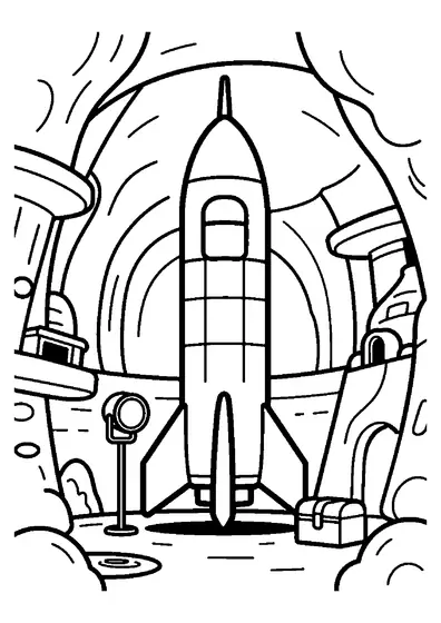 A rocket parked next to a supply crate and spotlight inside a giant stone cave.