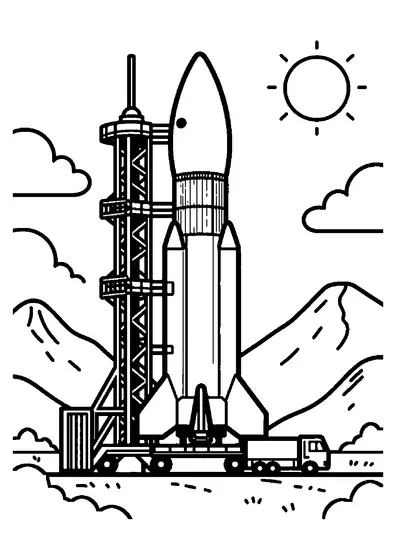Un grande razzo spaziale sulla rampa di lancio in una valle montuosa con una torre di supporto e nuvole.