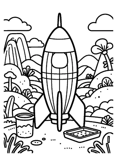 A rocket standing next to a cargo crate among giant leaves and gentle hills.